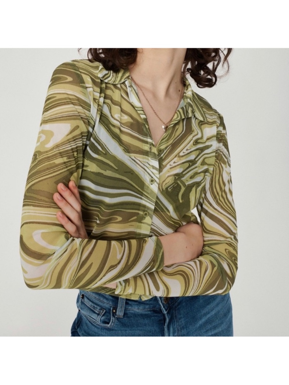 GARAGE Sheer Mesh Button Up Crop Top Green Swirl Psychedelic Y2K Extra Small XS